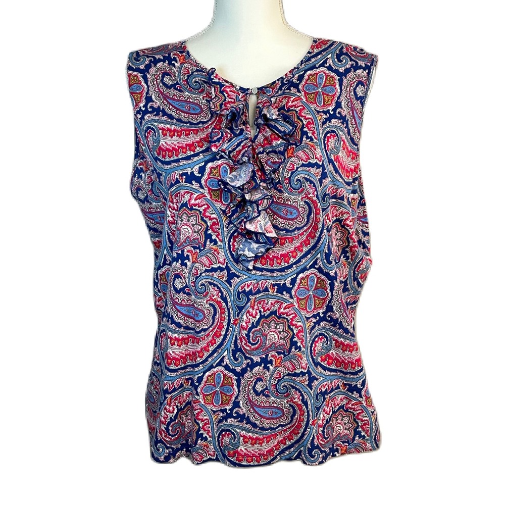 Lauren Ralph Lauren Women Sleeveless Top 2X Blue Pink Paisley Ruffle Cotton Knit